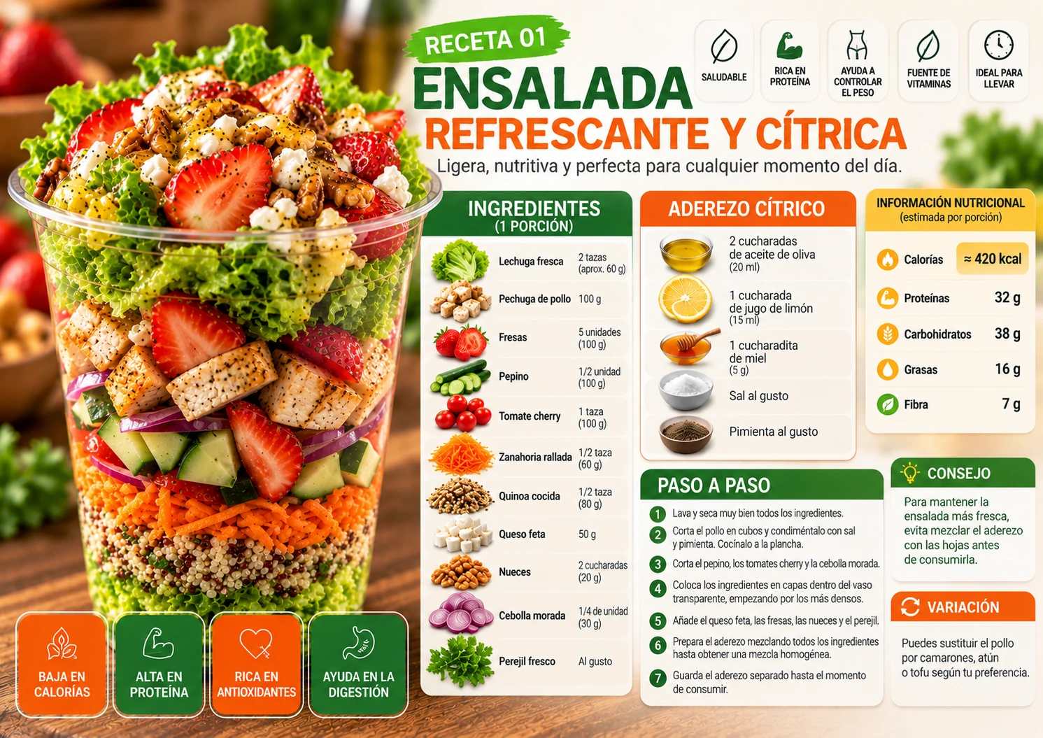 Flashcard receta 01: ensalada refrescante y cítrica