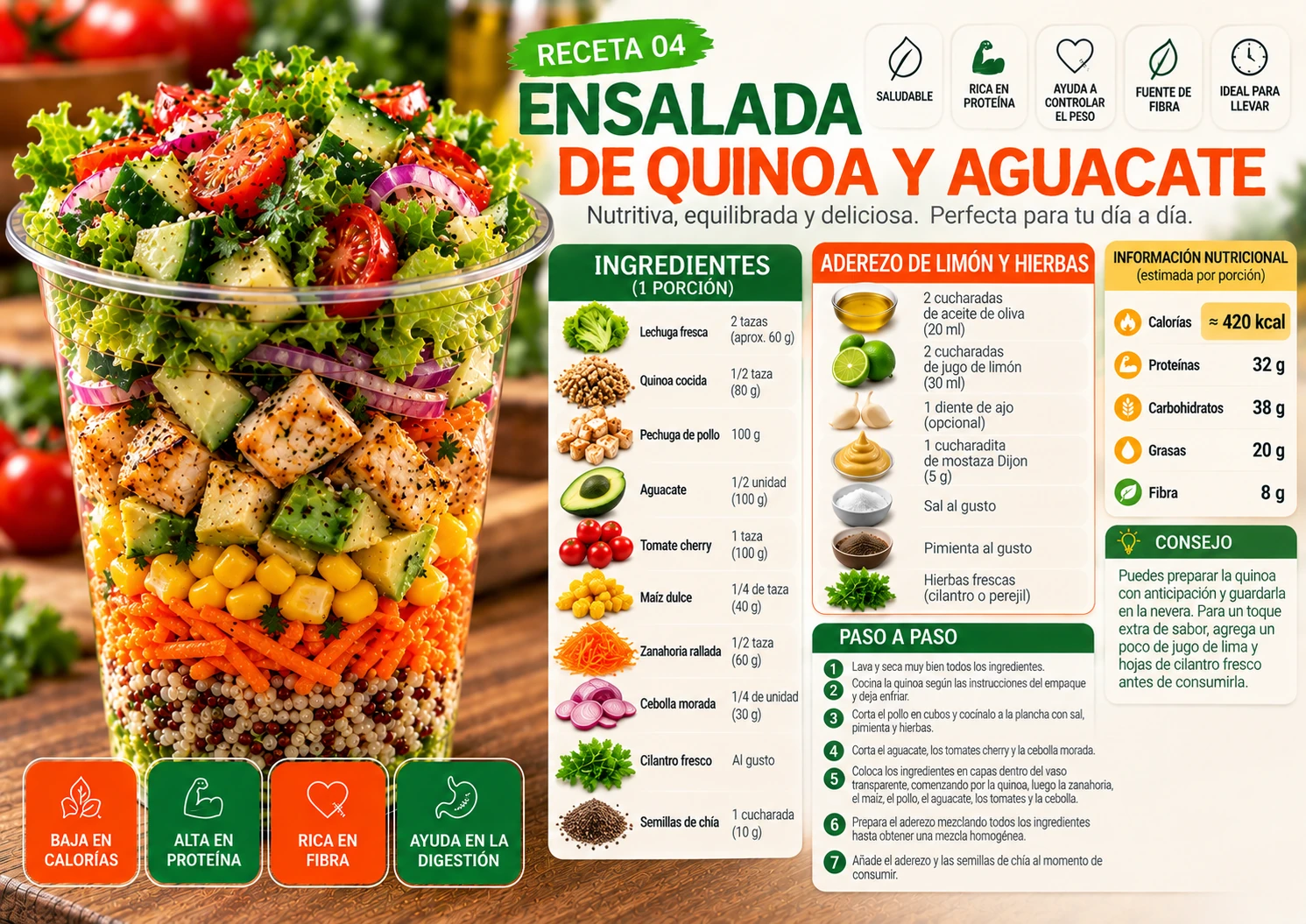 Flashcard receta 04: ensalada de quinoa y aguacate